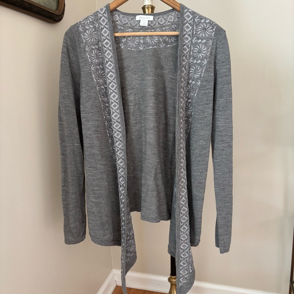 Garnet Hill Signature Merino Embroidered Drape Cardigan in Grey Size Small